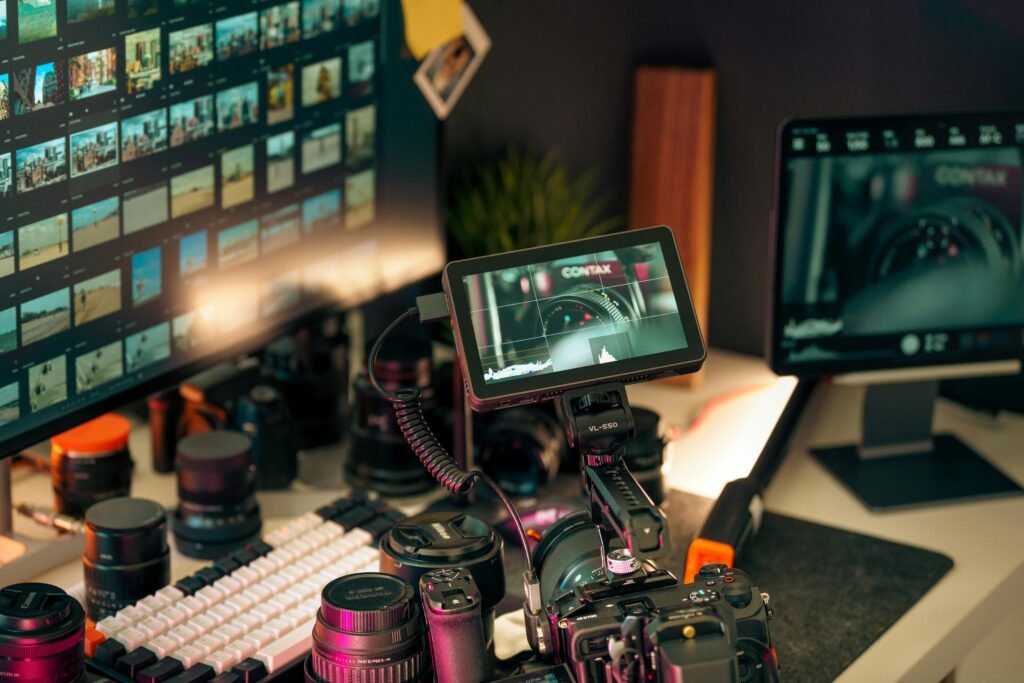 Explore a high-tech photography studio setup with cameras, monitors, and editing equipment.